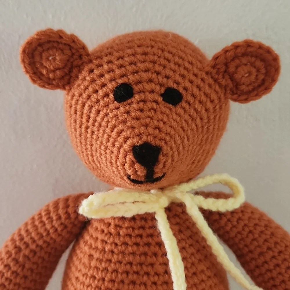 Handmade Crochet Teddy Bear Orange With Yellow Bow - Picture 2 of 2